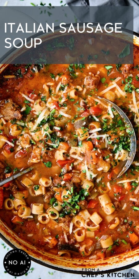 Pinterest graphic for Italian Sausage Soup showing it in a white Dutch oven.