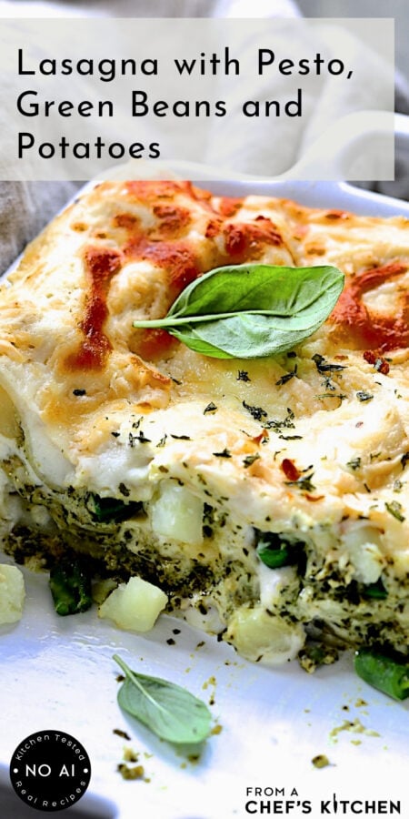Pinterest graphic for Lasagna with Pesto, Green Beans and Potatoes showing the inside and layers of the lasagna.