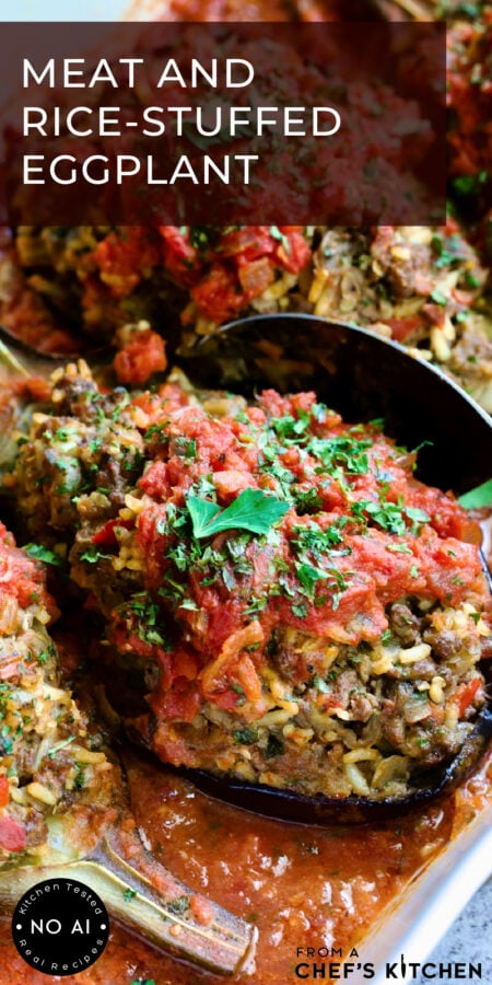 Pinterest graphic for Meat and Rice-Stuffed Eggplant showing one close up in a white baking dish.