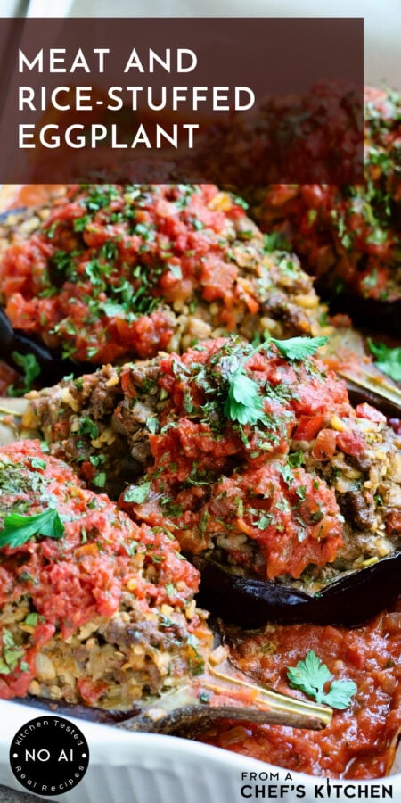 Pinterest graphic for Meat and Rice-Stuffed Eggplant showing four in a white baking dish.