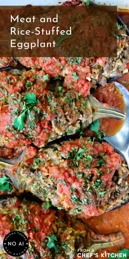 Pinterest graphic for Meat and Rice-Stuffed Eggplant showing four in a white baking dish.