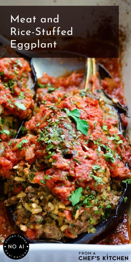 Pinterest graphic for Meat and Rice-Stuffed Eggplant showing one close up in a white baking dish.