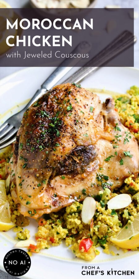 Pinterest graphic for Moroccan Chicken with Jeweled Couscous showing two servings on awhite plate.