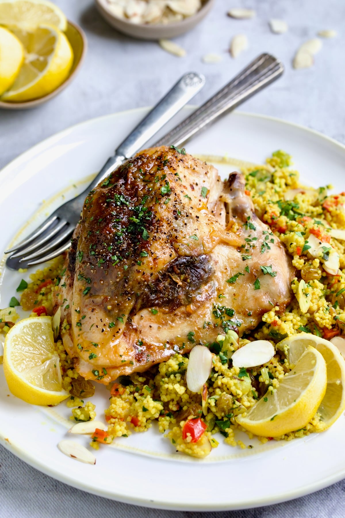 One serving of Moroccan Chicken with Jeweled Couscous on round white plate.