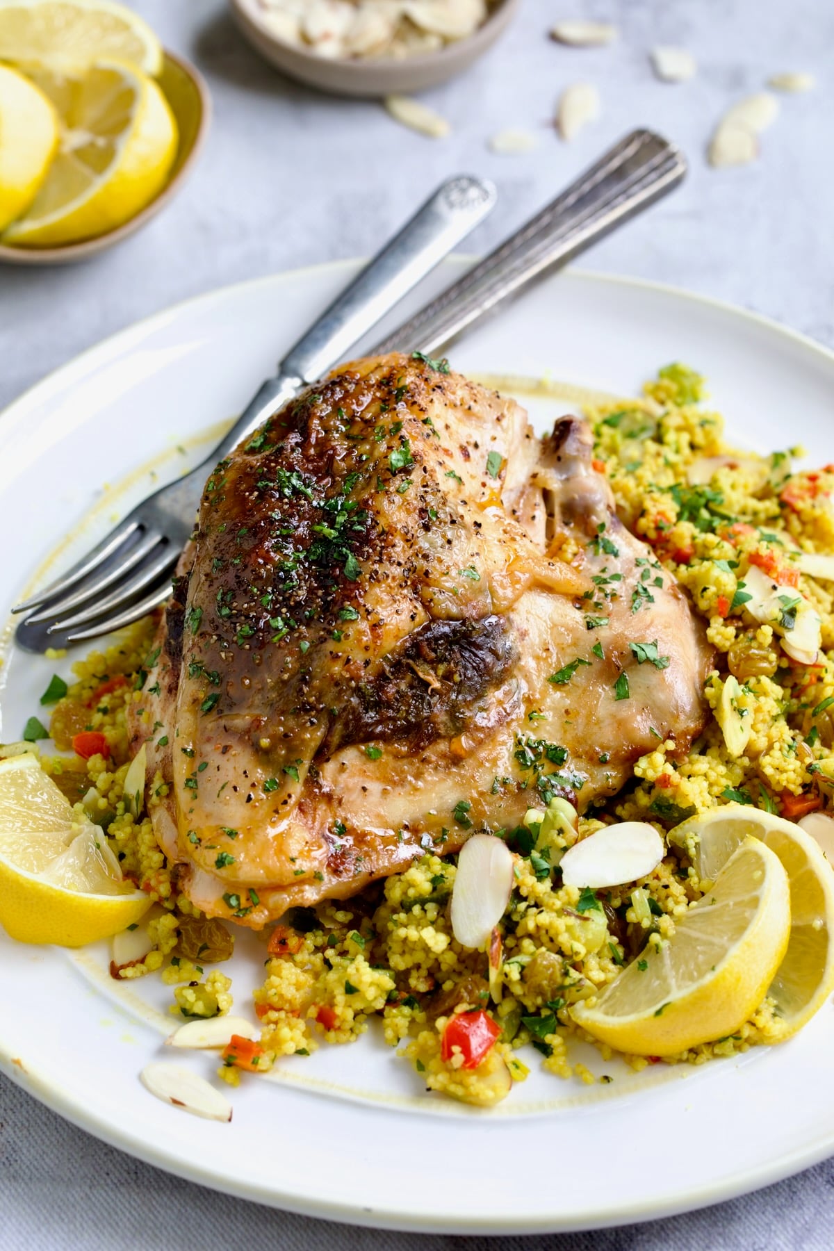 One serving of Moroccan Chicken with Jeweled Couscous on round white plate.
