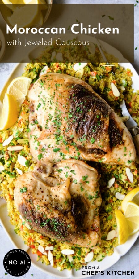 Pinterest graphic for Moroccan Chicken with Jeweled Couscous showing two servings on an oval white platter.