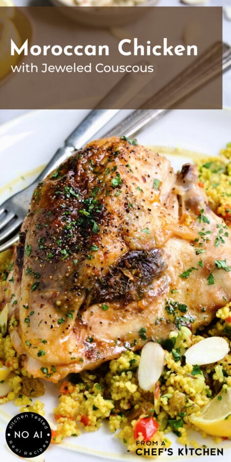 Pinterest graphic for Moroccan Chicken with Jeweled Couscous showing two servings on awhite plate.
