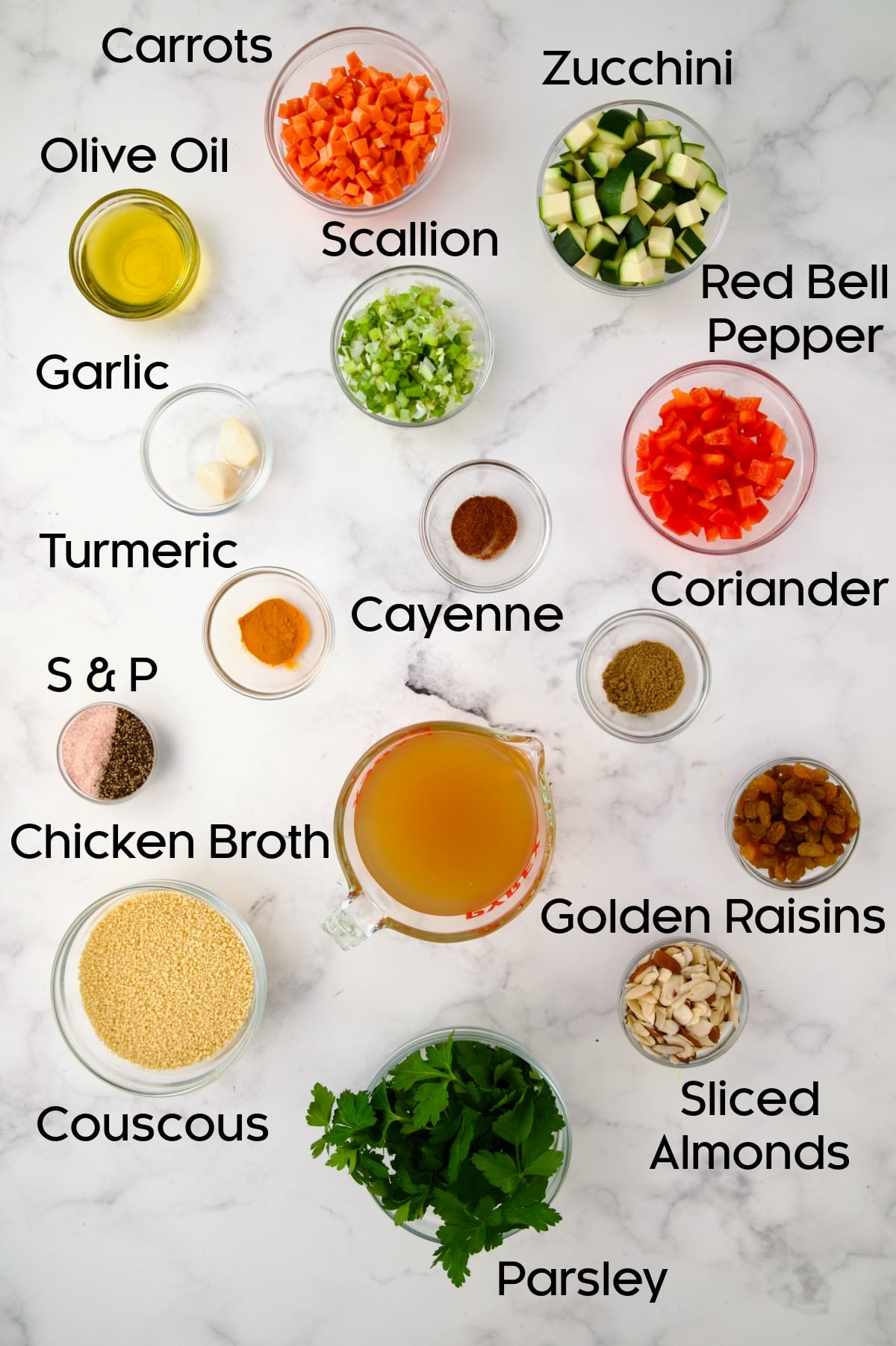 Ingredients for Jeweled Couscous in glass bowls.