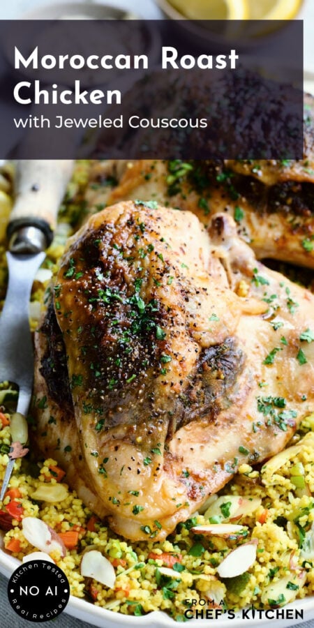 Pinterest graphic for Moroccan Chicken with Jeweled Couscous showing one servings on an oval white platter.