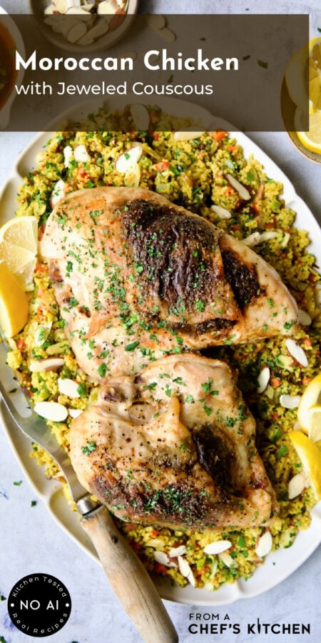Pinterest graphic for Moroccan Chicken with Jeweled Couscous showing two servings on an oval white platter.