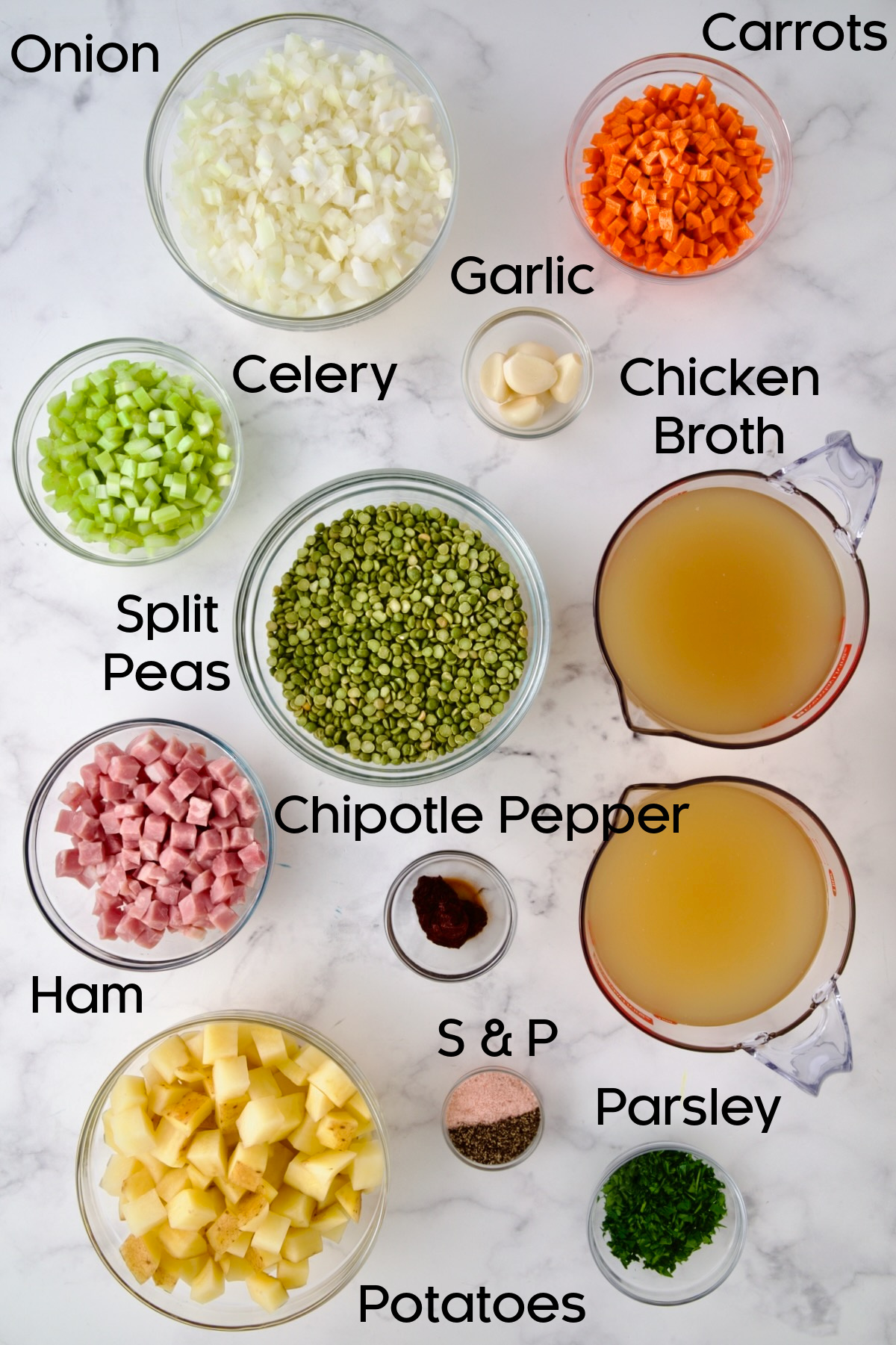 Ingredients for Slow Cooker Split Pea Soup in glass bowls.