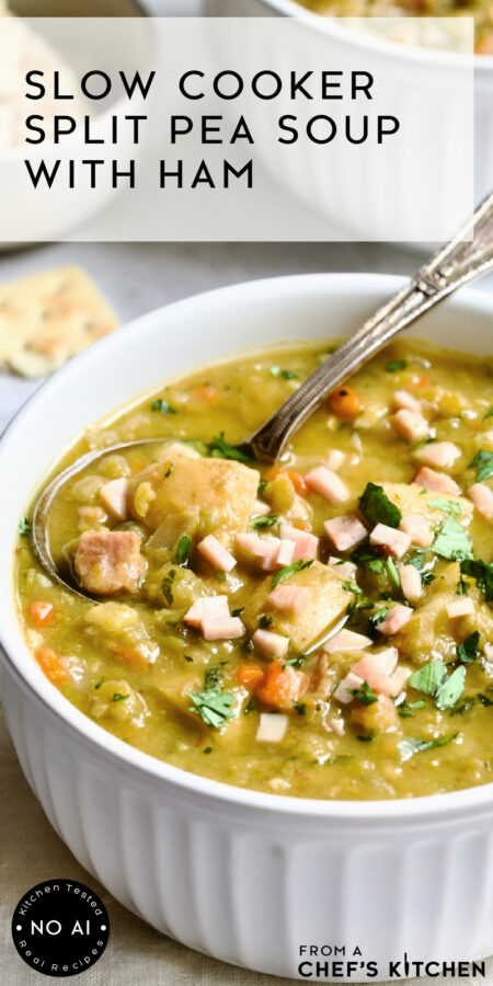 Pinterest graphic for Slow Cooker Split Pea Soup with Ham and Chipotle showing one serving in white bowl.