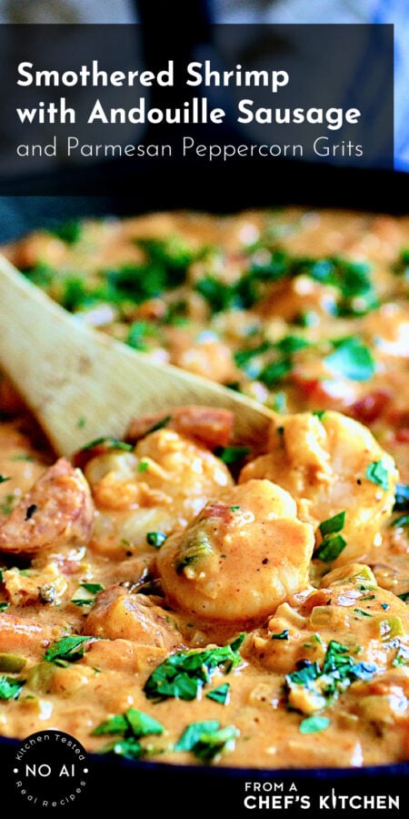 Pinterest graphic for Smothered Shrimp with Andouille Sausage showing shrimp being scooped up by a wooden spoon.