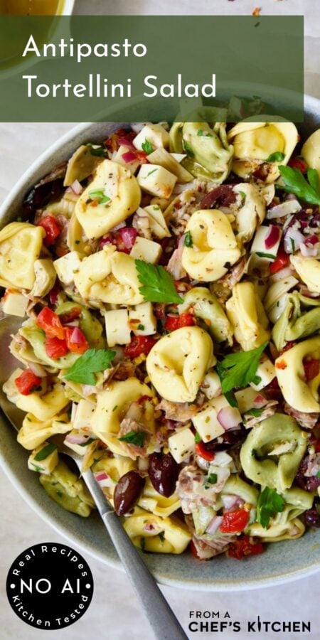 Pinterest graphic for Antipasto Tortellini Salad in serving bowl with serving spoon.