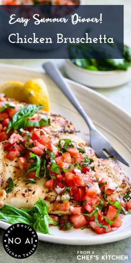 Pinterest graphic for Chicken Bruschetta showing it on an oval white platter.