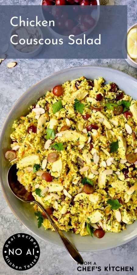 Pinterest graphic for Chicken Couscous Salad showing it in a gray serving bowl with serving spoon.