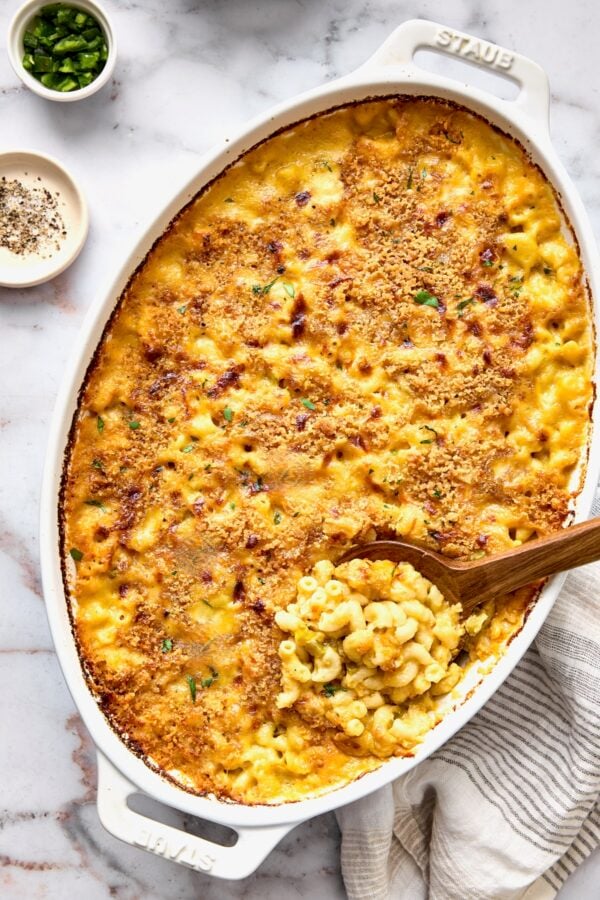 Hatch Green Chili Mac and Cheese in oval baking dish.