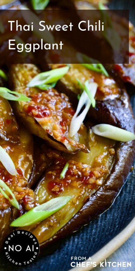 Pinterest graphic for Thai Sweet Chili Eggplant showing it on a blue plate garnished with thinly sliced scallions.