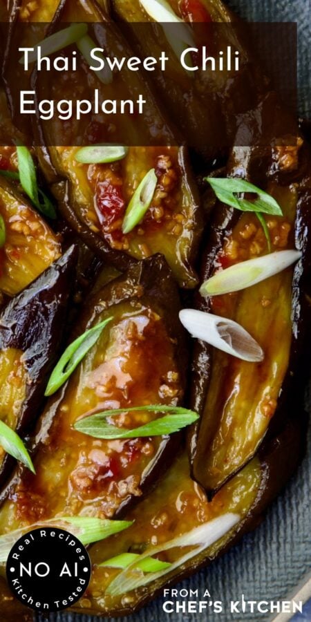 Pinterest graphic for Thai Sweet Chili Eggplant showing it on a blue plate garnished with thinly sliced scallions.