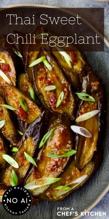 Pinterest graphic for Thai Sweet Chili Eggplant showing it on a blue plate garnished with thinly sliced scallions.