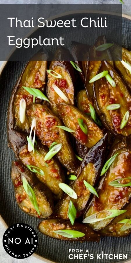 Pinterest graphic for Thai Sweet Chili Eggplant showing it on a blue plate garnished with thinly sliced scallions.