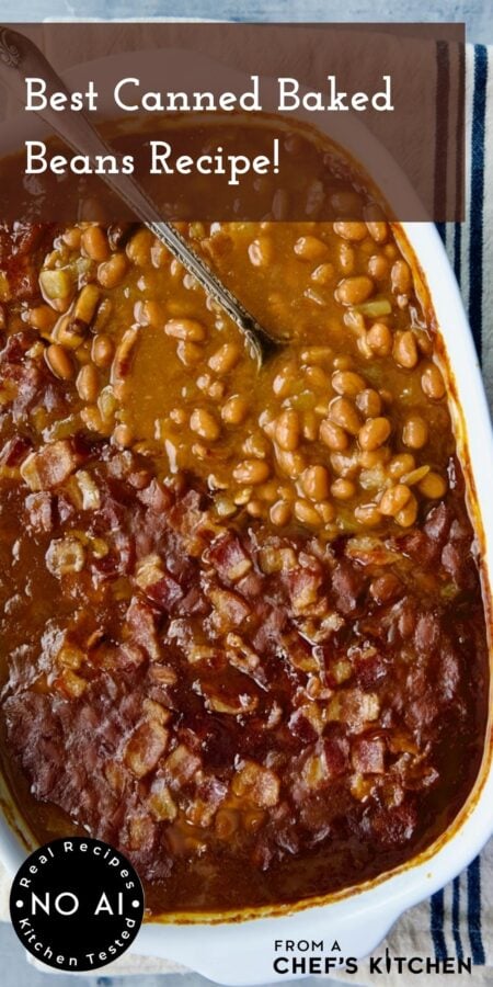 Pinterest graphic for Best Canned Baked Beans Recipe showing it in a white oval baking dish with serving spoon.