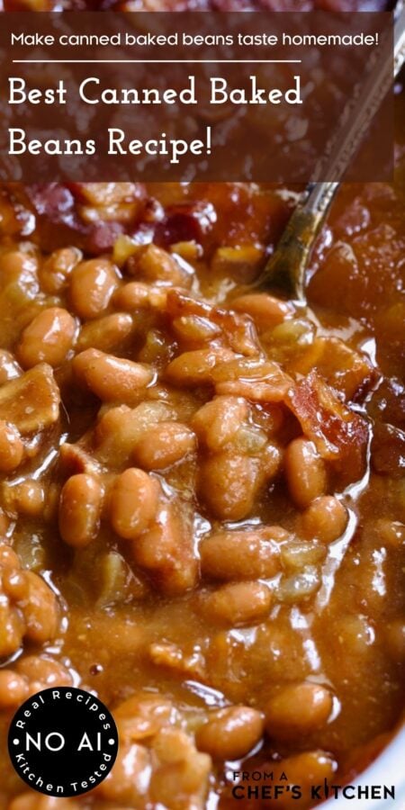 Pinterest graphic for Best Canned Baked Beans Recipe showing it close-up with serving spoon scooping some up.