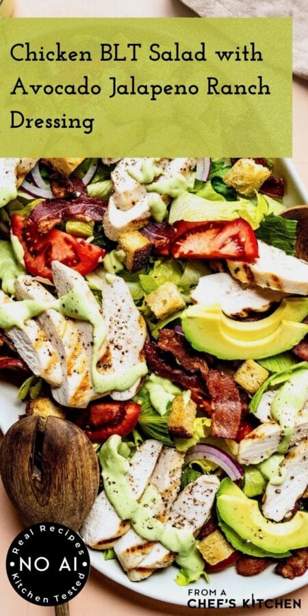 Pinterest graphic for Chicken BLT Salad showing it on a white oval platter with wooden utensils.