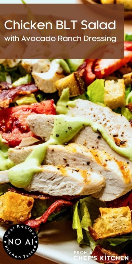 Pinterest graphic for Chicken BLT Salad showing it on a white oval platter with wooden utensils.