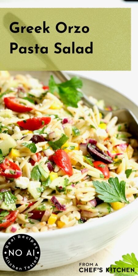 Pinterest graphic for Greek Orzo Pasta Salad showing it in a white serving bowl.