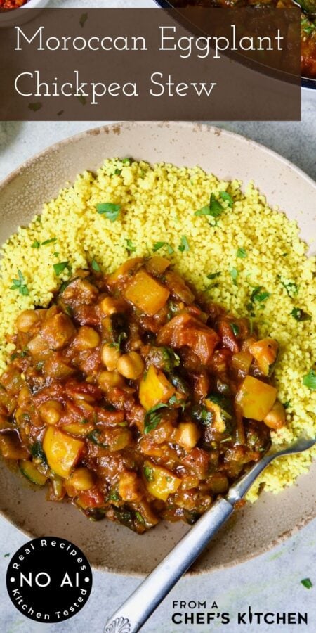 Pinterest graphic for Moroccan Eggplant Stew showing one serving with couscous in earthenware bowl.