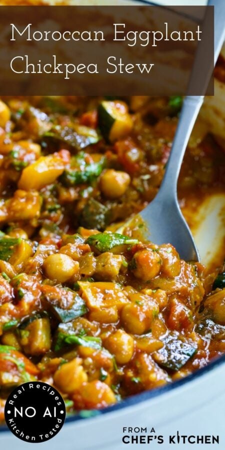 Pinterest graphic for Moroccan Eggplant Stew showing it in a white enamel cast iron skillet with serving spoon scooping some up.