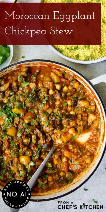 Pinterest graphic for Moroccan Eggplant Stew showing it in a white enamel cast iron skillet with serving spoon scooping some up.