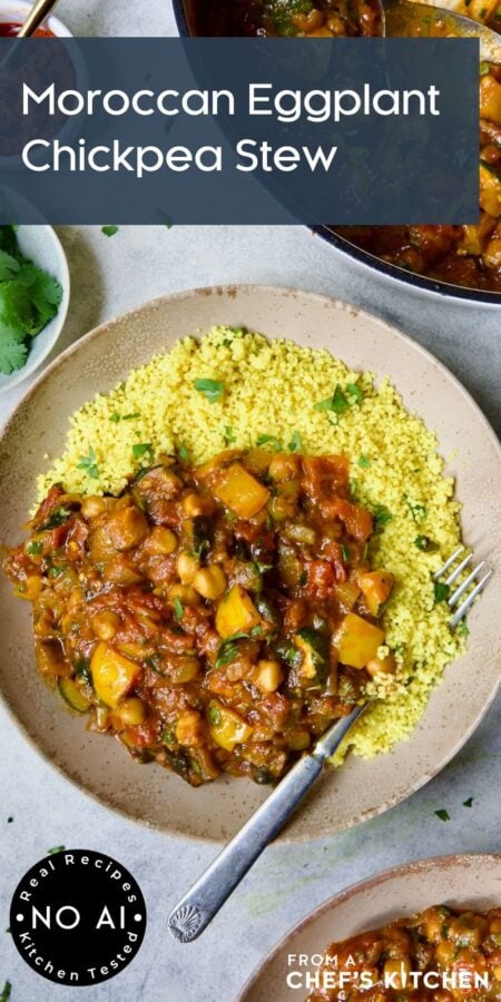 Pinterest graphic for Moroccan Eggplant Stew showing one serving with couscous in earthenware bowl.