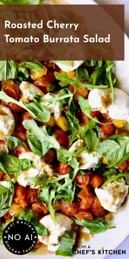 Pinterest graphic for Roasted Cherry Tomato Burrata Salad showing it close-up on a white platter.