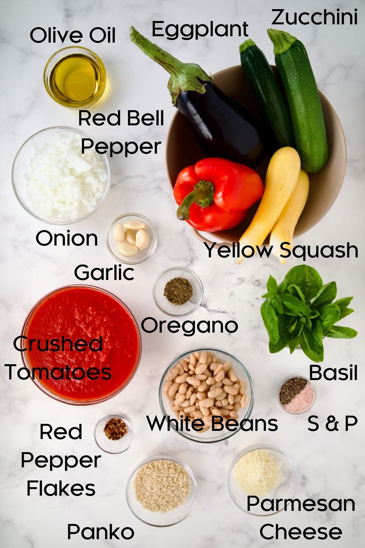 Ingredients for Summer Vegetable Cassoulet in glass bowls.