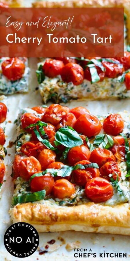 Pinterest graphic for Cherry Tomato Puff Pastry Tart showing one piece close up.