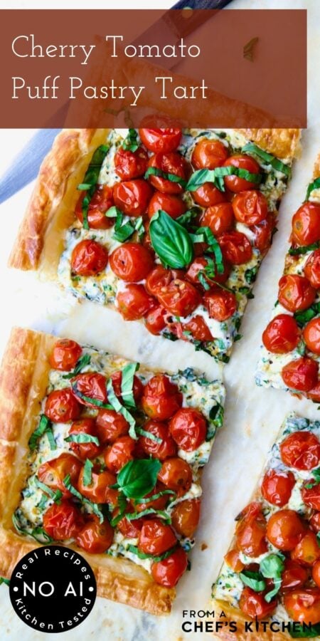 Pinterest graphic for Cherry Tomato Puff Pastry Tart showing it cut into four pieces.
