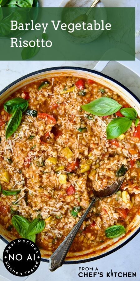 Pinterest graphic for Barley Vegetable Risotto showing it in a white enamel cast iron skillet.