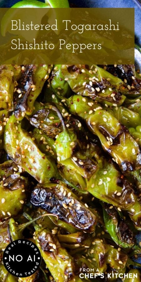 Pinterest graphic for Blistered Togarashi Shishito Peppers showing them close up.
