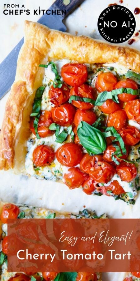 Pinterest graphic for Cherry Tomato Puff Pastry Tart showing one piece close up.