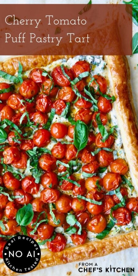 Pinterest graphic for Cherry Tomato Puff Pastry Tart showing it whole garnished with fresh basil.
