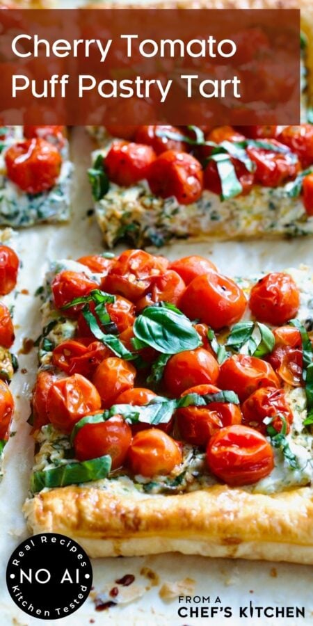 Pinterest graphic for Cherry Tomato Puff Pastry Tart showing one piece close up.