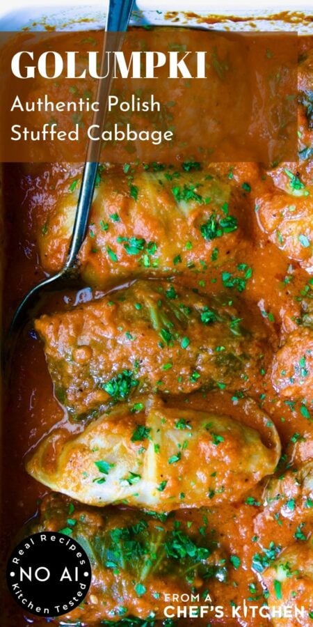 Pinterest graphic for Golumpki (Polish Cabbage Rolls) showing them in a white rectangular baking dish.
