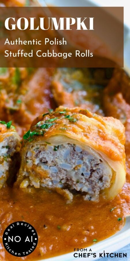 Pinterest graphic for Golumpki (Polish Cabbage Rolls) showing one close-up cut in half on oval serving platter.