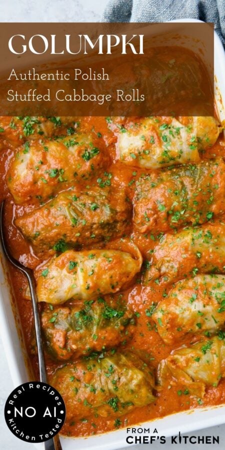 Pinterest graphic for Golumpki (Polish Cabbage Rolls) showing them in a white rectangular baking dish.