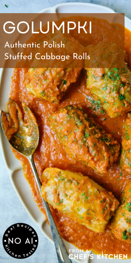 Pinterest graphic for Golumpki (Polish Cabbage Rolls) showing six on oval serving platter with serving utensil.