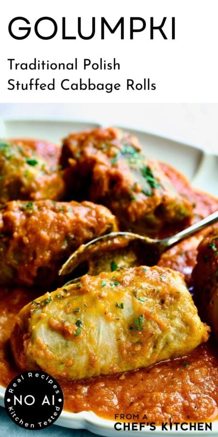 Pinterest graphic for Golumpki (Polish Cabbage Rolls) showing one close-up on oval serving platter.