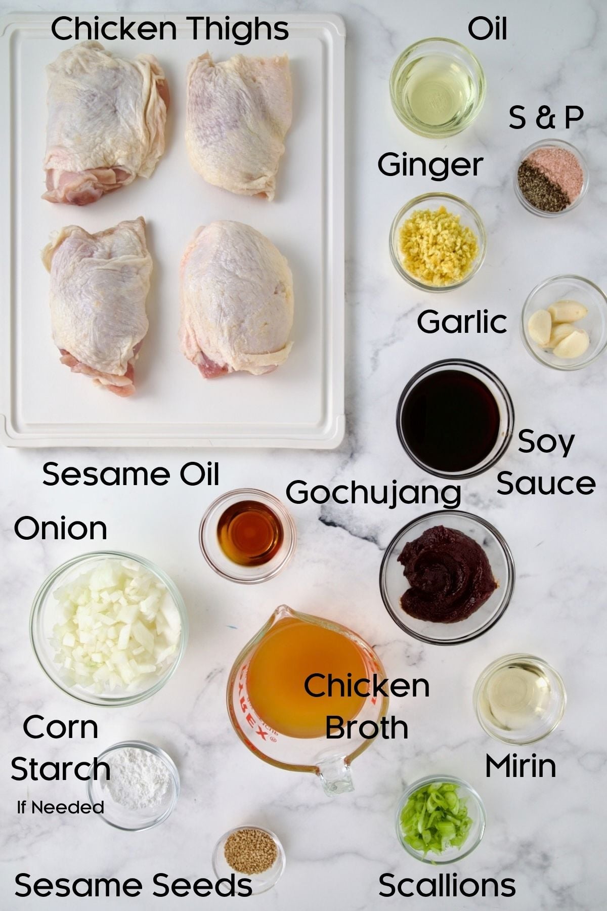 Ingredients for Korean Chicken Thighs in glass bowls.