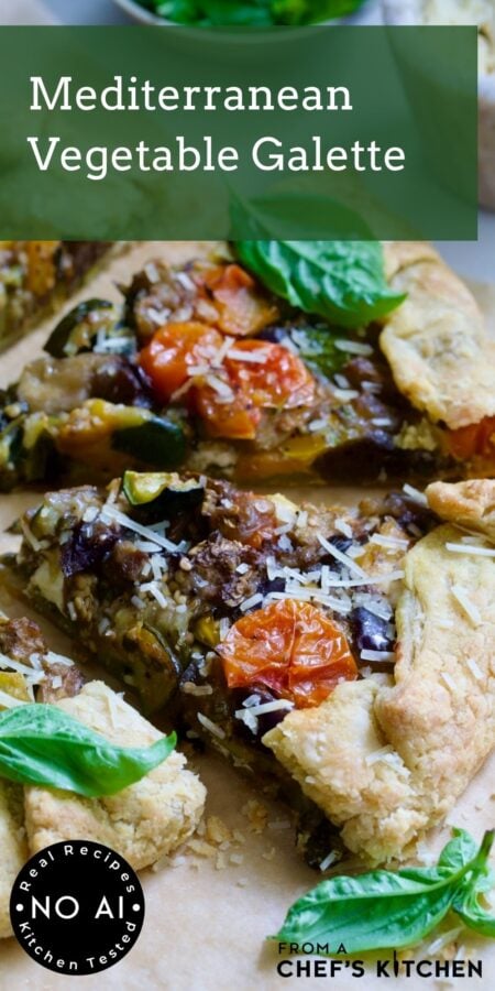 Pinterest graphic for Mediterranean Vegetable Galette showing it cut into pieces garnished with fresh basil leaves.